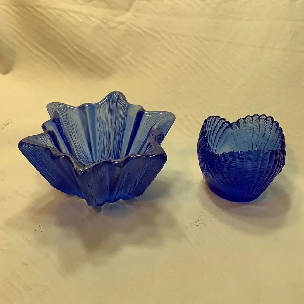 2 Blue Glass Candle Votive Holders